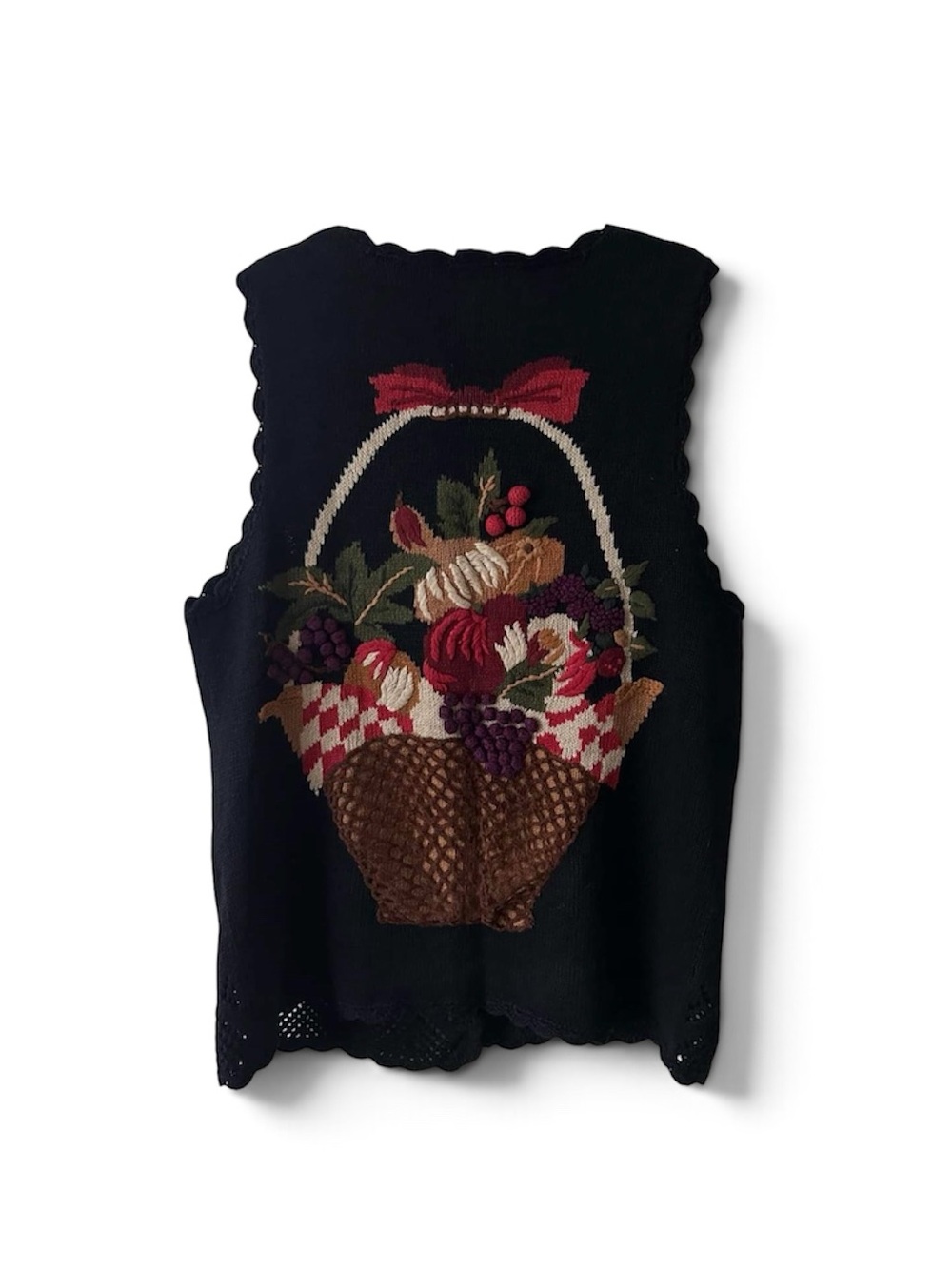 Charming Vintage Black Knit Fruit Basket Sweater Vest Cottagecore Grannycore S